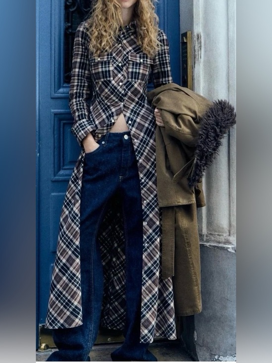 Zara Dresses & Skirts - Zara Plaid Maxi Shirt Dress in Navy, Brown and Cream